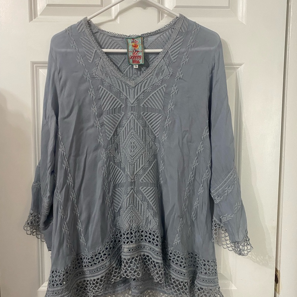 Johnny Was Blue Embroidered Flowy Boho Blouse